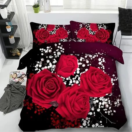 4 Pieces Rose Bed Sheet Sets 3D Red Rose Floral Bedsheet for King Size 1 King Size Bed sheet